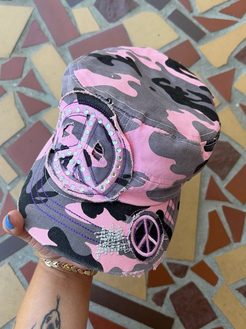 Y2K cadet hat with peace and rhinestone